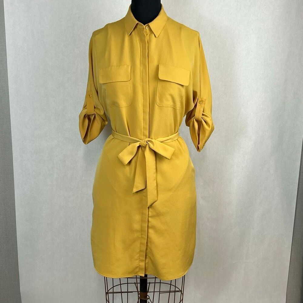 Express Belted Shirt Dress Sz Small Button Front Roll Tab Half Sleeve Yellow